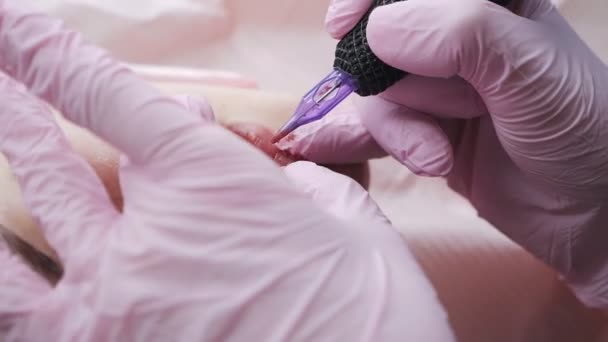 Cosmetologist appliquant le tatouage permanent de pigment rose sur les lèvres femelles avec la machine à tatouer d'aiguille au salon — Video