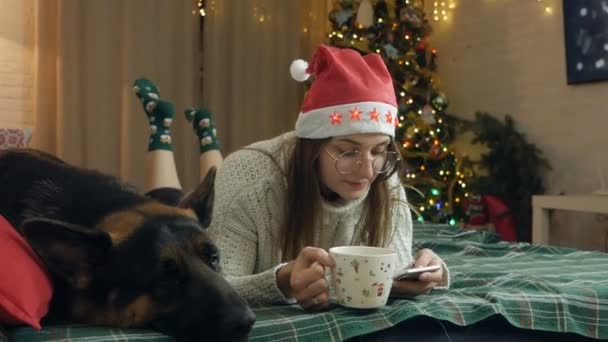 A woman lies on the couch near the New Year tree and looks at the phone screen, drinks coffee. Her dog is next to her. Cozy Christmas Eve in your apartment — Stock Video