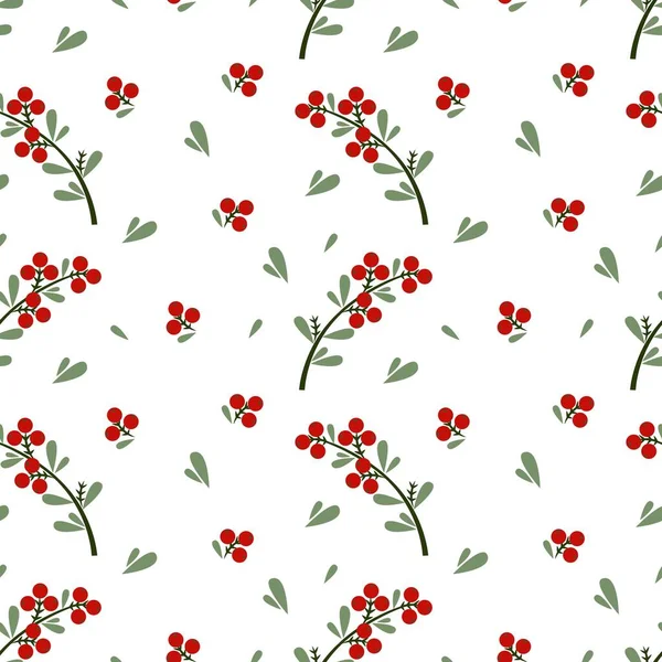 Red Berries Branches Red Berries White Background Seamless Pattern Vector — Stock Vector