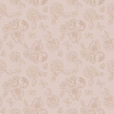 Güller ve kelebekler kusursuz desenli vektör çizimi. Kalitesiz şık hatlar. Ev tekstil, giysi, ambalaj, ev dekorasyonu, duvar kağıdı ve tanıtım malzemeleri için