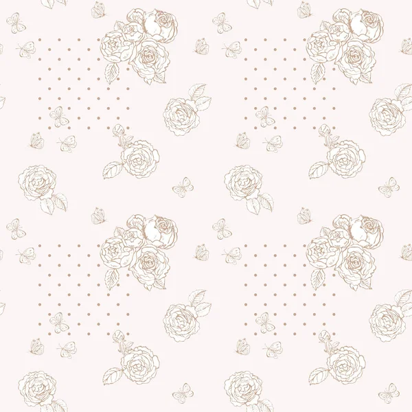 Roses Butterflies Polka Dots Seamless Pattern Vector Illustration Shabby Chic — Stock Vector