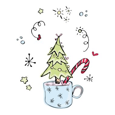 İçinde lolipop, yıldızlar, kar taneleri, oklar işaretleyiciler, kartopu, kartopu şeklinde kalpler olan bir çay bardağındaki Noel ağacı. Kartpostallar, çıkartmalar, not defterleri, ambalajlar, kapaklar için dekorasyon.