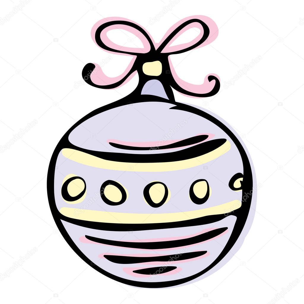 Christmas tree decoration, New Year's ball is decorated with bow, snowflakes, lines, snowballs in doodle sketch style. Decoration for postcards, stickers, notebooks, packaging, covers, etc.