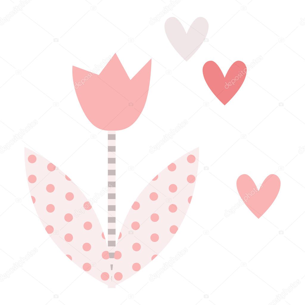 Tulip with ruffled stems and polka dot leaves, hearts, flowers. Spring baby print, Vector simple illustration. Pastel colors, pink, grey, mother's day, farm, easter, spring day, garden.