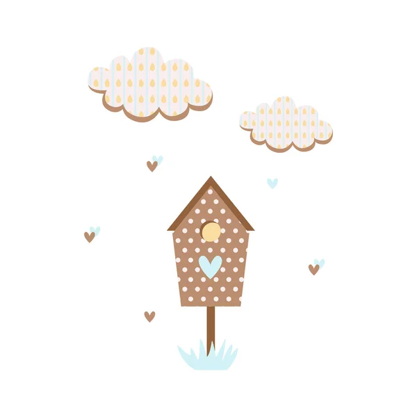 Birdhouse Bois Avec Pois Nuages Coeurs Clipart Bébé Printemps Illustration — Image vectorielle
