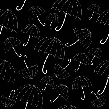 Siyah zemin üzerinde beyaz şemsiyelerin vektör tek renkli deseni