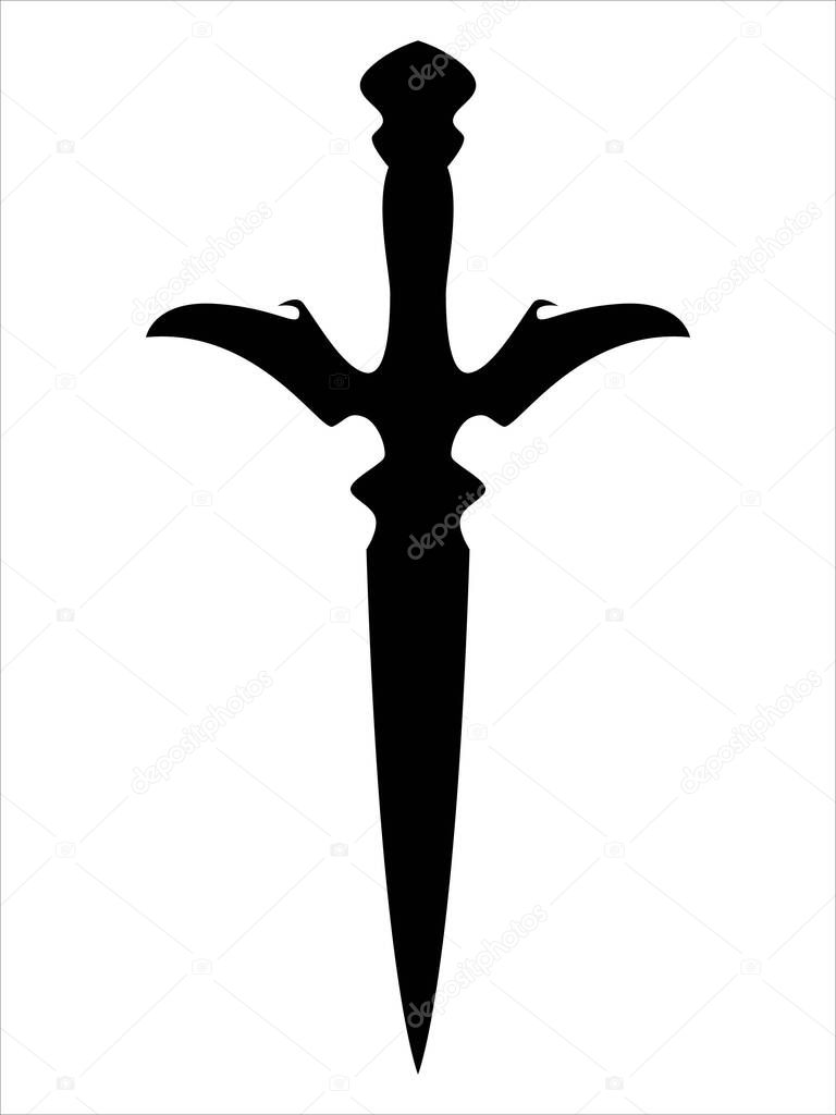 Dagger in retro style. Black color silhouette. Vintage look