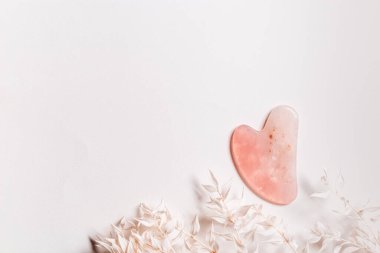 Guashe, soluk pembe arkaplandaki gül kuvarslarından kopya alanı ve süslenmiş beyaz çiçekleri kazıdı. Yüz masajı için doğal taş masajı, lenfatik drenaj masajı, alternatif tıp