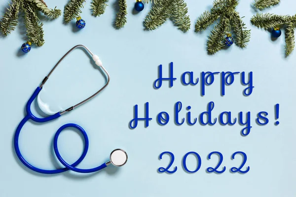 Blue Stethoscope Green Christmas Fir Tree Branches Medicine Concept Winter — Stock Photo, Image
