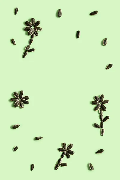 Schwarze Sonnenblumenkerne Als Blume Auf Pastellgrünem Hintergrund Erntezeit Landwirtschaft Landwirtschaft — Stockfoto