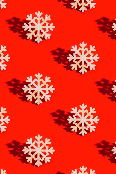 Christmas Layout Toys Snow Flake Natural Material Wood Red Background — Stock Photo, Image