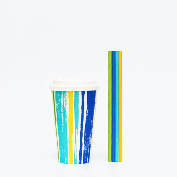 Colorful Paper Cup Container Coffee Cocktail Paper Drinking Straws Light — Stock Photo, Image