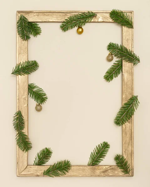 Christmas Old Wooden Frame Green Fir Tree Branches Golden Christmas — Stock Photo, Image