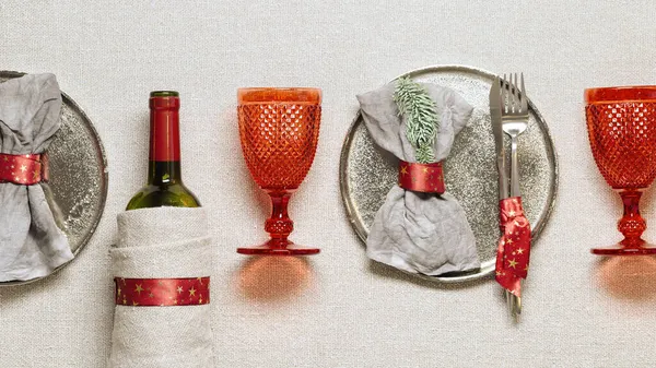 Tableware Christmas Xmas Festive Dinner Linen Napkin Plate Knife Fork — Stock Photo, Image