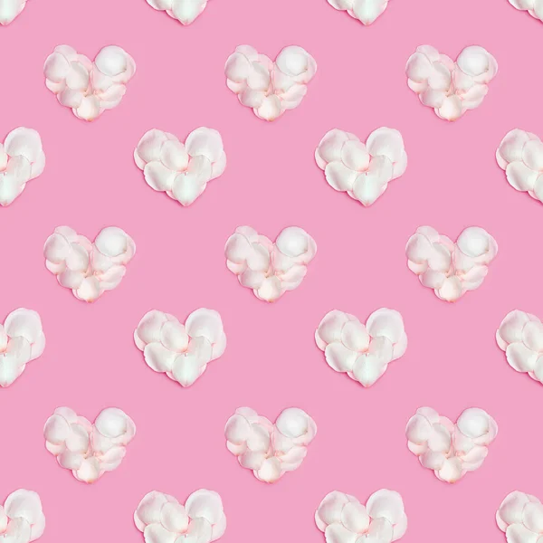 Pattern Hearts Made Rose Petals Pink Background Heart Form White — Stock Photo, Image