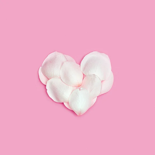 Gyengéd Szív Rózsaszirmokból Rózsaszínű Háttérrel Szív Alakú Fehér Virágszirmok Valentin — Stock Fotó