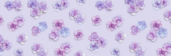 Natural Hydrangea flower, minimal floral pattern violet monochrome colored. Layout with fresh flowers, background. Spring holiday concept, for Mothers day, 8 March, Womens day. Flat lay — Stock Photo, Image