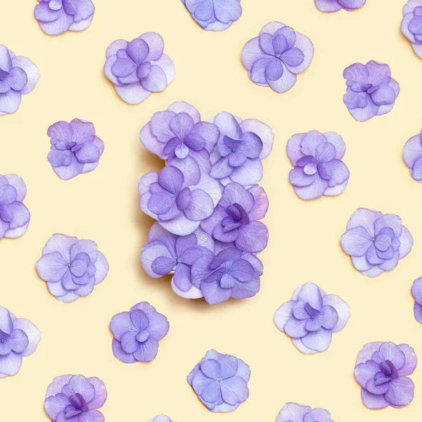 新鮮なアジサイ紫色の花を持つ最小限の花パターン、今年の非常にパーリ色。母の日、 8 3月、女性の日のための平らな花と休日のレイアウト。平台花構成 — ストック写真