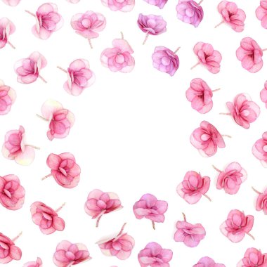 Çiçekli yuvarlak çerçeve taze ortanca çiçeğinin pembe renginde. 8 Mart, Anneler Günü için küçük çiçekler ve fotokopi alanı olan bayram kartı ya da davetiye. Çiçekli bahar ya da yaz tasarımı