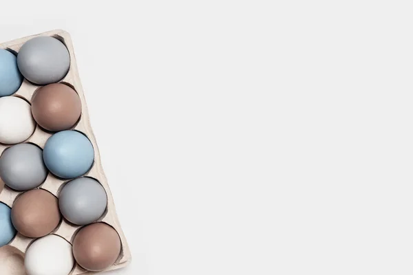 Easter eggs pastel colored in egg box on light background with copy space. Minimal Easter celebration concept, dyed chicken egg with color gradient from blue to beige coloured in carton pack — Stock Photo, Image