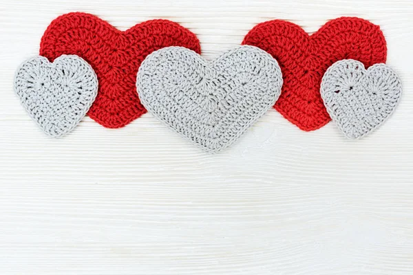 Cozy Cute Knitted Hearts White Wooden Background Copy Space Love — Stock Photo, Image
