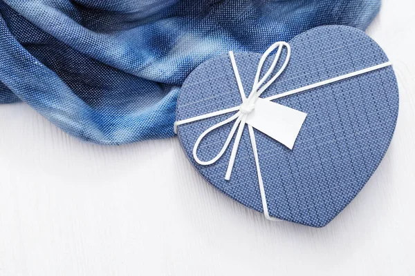 Blue Gift Box Shape Heart White Wooden Background Present Romantic — Stock Photo, Image