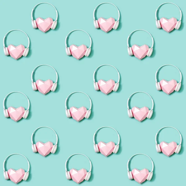Seamless Pattern Volumetric Paper Pink Heart White Headphones Concept Music — Stock Photo, Image