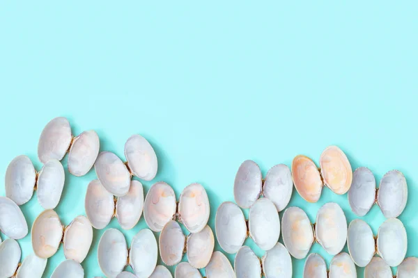 Weiße und zartrosa Muscheln auf türkisfarbenem Papier. Sommer Design Hintergrund mit natürlichen schönen Muscheln. — Stockfoto