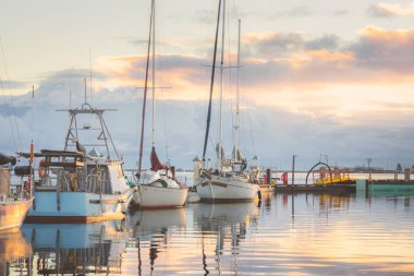 Sakin, huzurlu altın gün batımı ya da Vancouver Adası, Britanya Kolumbiyası, Kanada 'daki Comox Marina' da gün doğumu.