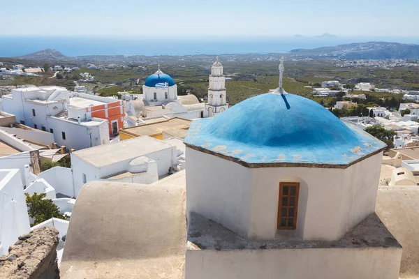 Traditional Blue Dome Greek Orthodox Church Transfiguration Savior Santorini Countryside — стоковое фото