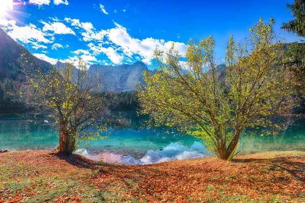 Fairytale View Fusine Lake Mangart Peak Background Popular Travel Destination — Stock Photo, Image