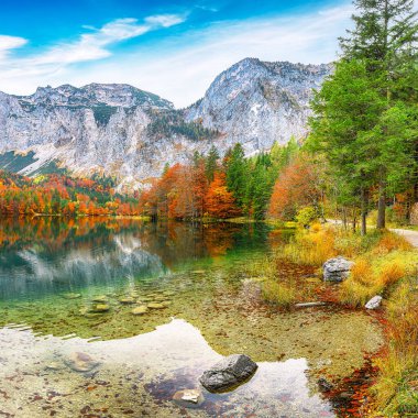 Hinterer Langbasee Gölü 'nün muhteşem sonbahar sahnesi. Poppular Travell 'in varış yeri. Konum: Vorderer Langbasee, Salzkammergut bölgesi, Yukarı Avusturya, Avusturya, Avrupa.