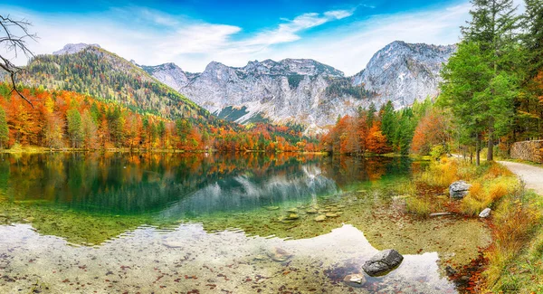 Spectacular Autumn Scene Hinterer Langbathsee Lake Poppular Travell Destination Location — Stock Photo, Image