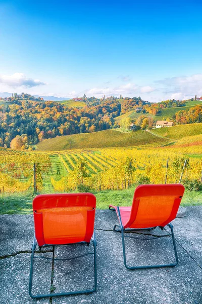 Traumhafte Weinbaulandschaft Der Südsteiermark Bei Gamlitz Herbstliche Szenerie Der Weinberge — Stockfoto