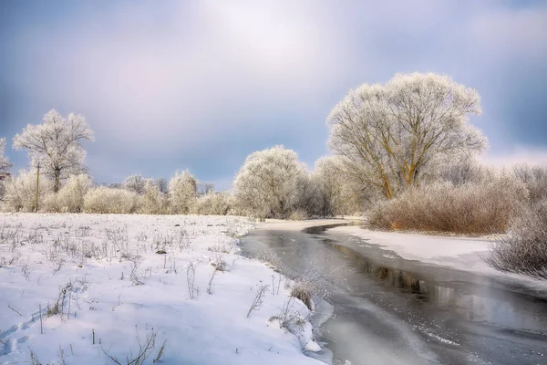 Piękne Tło Sceny Krajobraz Zimy Śniegiem Pokryte Drzewami Rzeka Lodu — Zdjęcie stockowe