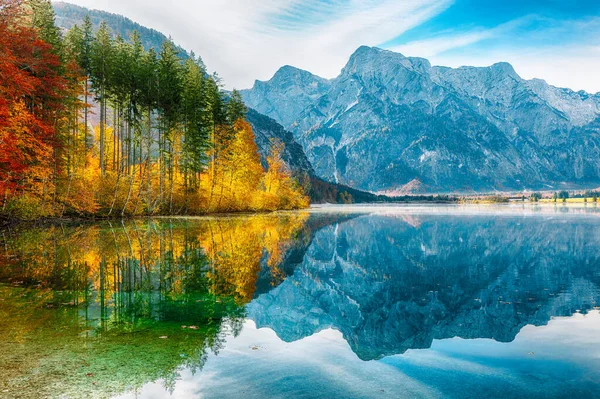 Wspaniała Jesienna Scena Słonecznego Poranka Nad Jeziorem Almsee Popularne Miejsce — Zdjęcie stockowe