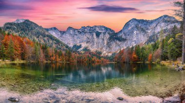 Hinterer Langbasee Gölü 'nün dramatik sonbahar sahnesi. Poppular Travell 'in varış yeri. Konum: Vorderer Langbasee, Salzkammergut bölgesi, Yukarı Avusturya, Avusturya, Avrupa.