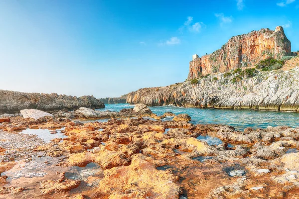 圣维托海景附近的Isolidda海滩的美丽海景 科法诺山国家公园受欢迎的旅游胜地 San Vito Capo Province Trapani Sicily Italy Europe — 图库照片
