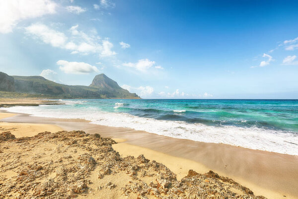 Picturesque seascape of Isolidda Beach near San Vito cape. Popular travel destination of Monte Cofano National Park. Location: San Vito Lo Capo, Province of Trapani, Sicily, Italy, Europe