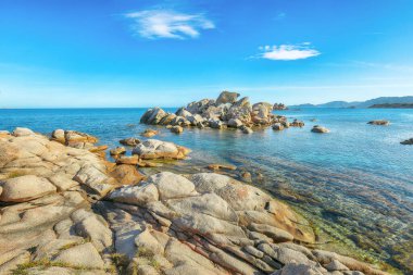 Palombaggia ve Tamaricciu plajlarının muhteşem manzarası. Meşhur seyahat yeri. Konum: Porto-Vecchio, Korsika, Fransa, Avrupa