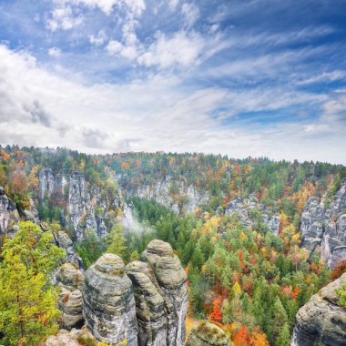 Sakson İsviçre Ulusal Parkı 'ndaki resimli sonbahar manzarası. Konum: Lohmen, Saksonya Eyaleti, Almanya, Avrupa