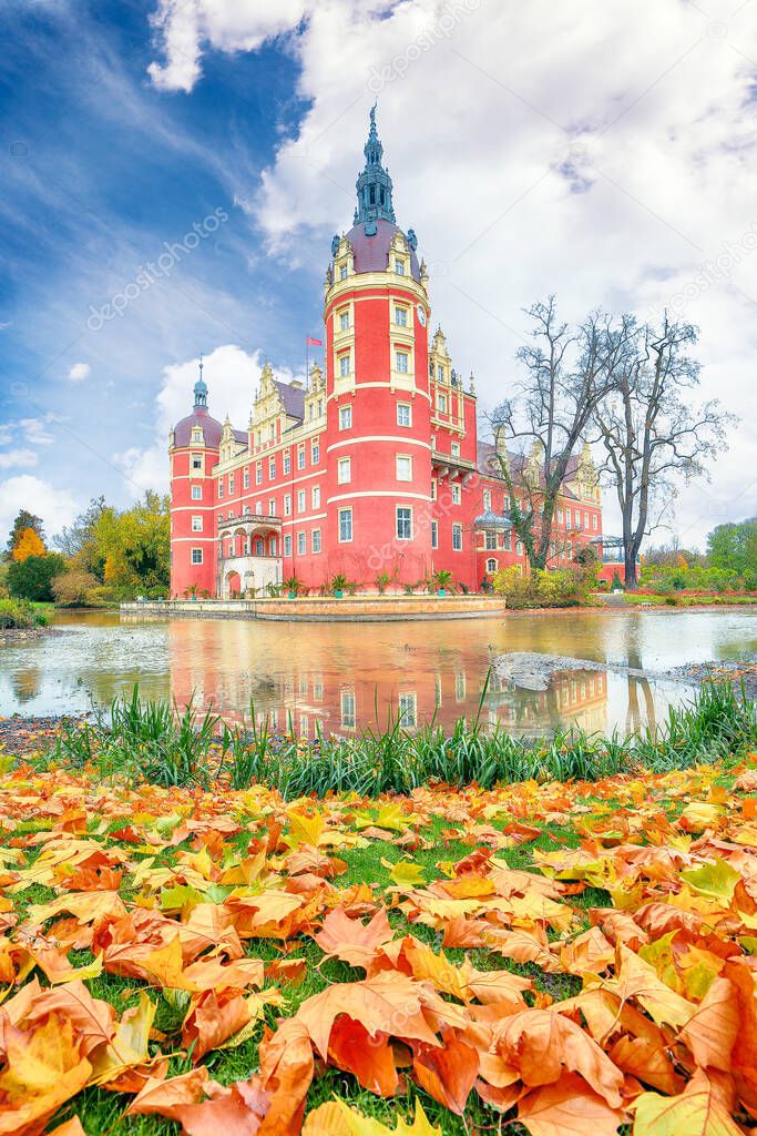 Breathtaking autumn landscape with Muskau castle. UNESCO World Heritage. Location: Bad Muskau, state of Saxony, Germany, Europe