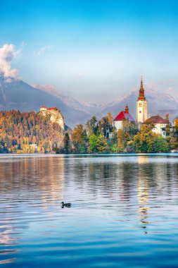 Astonishing sunset view of popular tourist destination  Bled lake. Dramatic view of Pilgrimage Church of the Assumption of Maria. Location: Bled, Upper Carniolan region, Slovenia, Europe