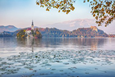 Astonishing sunset view of popular tourist destination  Bled lake. Dramatic view of Pilgrimage Church of the Assumption of Maria. Location: Bled, Upper Carniolan region, Slovenia, Europe