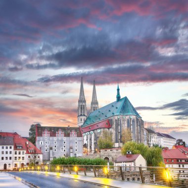Colorful autumn cityscape of Gorlitz with parish church of St. Peter and Paul.Photographed from the Polish side. Location: Gorlitz, state of Saxony, Germany, Europe