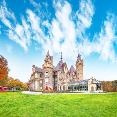 Astonishing autumn landscape with Moszna Castle. Popular tourist destination. Location: Moszna, Opolskie Voivodeship, Poland, Europe