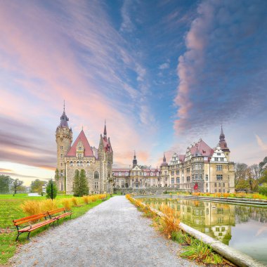 Fabulous autumn landscape with Moszna Castle. Popular tourist destination. Location: Moszna, Opolskie Voivodeship, Poland, Europe