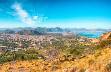 Fabulous morning cityscape of Bagheria town and national park Orientata Pizzo Cane. Location: Bagheria, Province of Palermo, Sicily, Italy, Europe