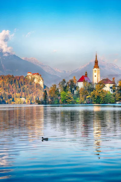 Astonishing sunset view of popular tourist destination  Bled lake. Dramatic view of Pilgrimage Church of the Assumption of Maria. Location: Bled, Upper Carniolan region, Slovenia, Europe