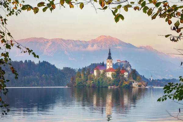 Astonishing Sunset View Popular Tourist Destination Bled Lake Dramatic View — Stock Fotó